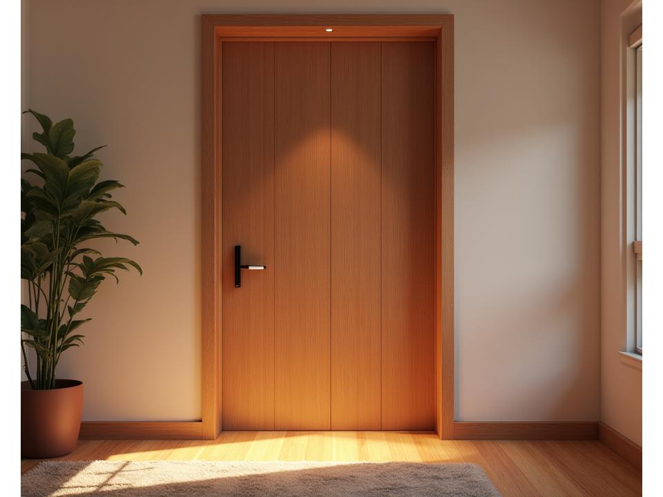 Thick, soundproof wooden door in a quiet apartment hallway, suggesting serenity and privacy