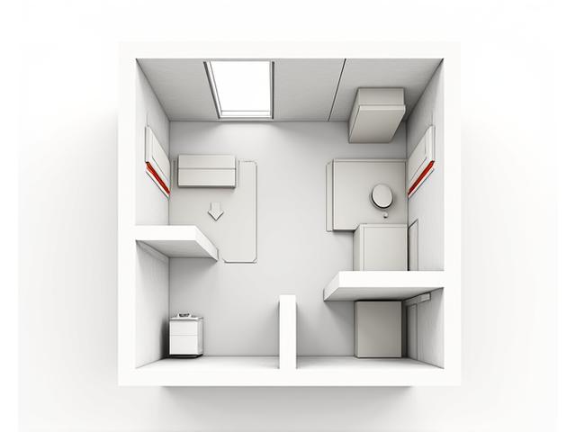 Annotated floorplan of a micro-apartment showing optimized door placements, with lines indicating improved traffic flow and functional zones. Modern design elements.